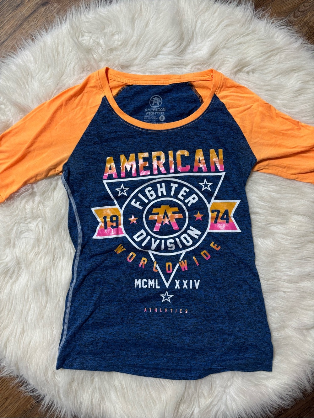 American Fighter Women’s Navy & Orange Baseball Tee size Medium